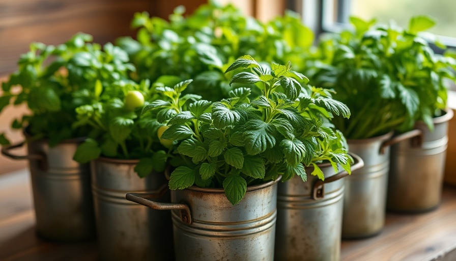 Rustic metal pots with herbs to grow indoors, vibrant and lush.