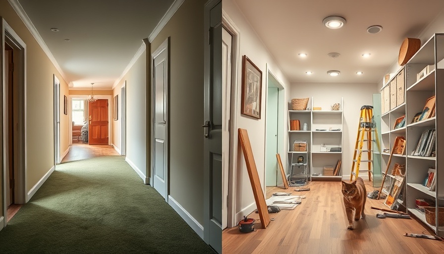 Home transformation renovations in a hallway with new flooring and lights.