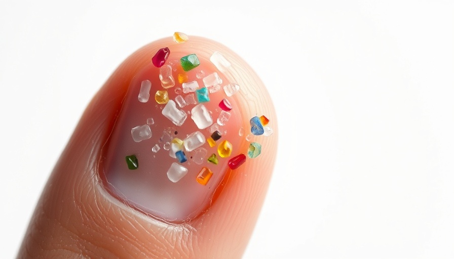 Close-up of microplastics on a fingertip, showing texture.