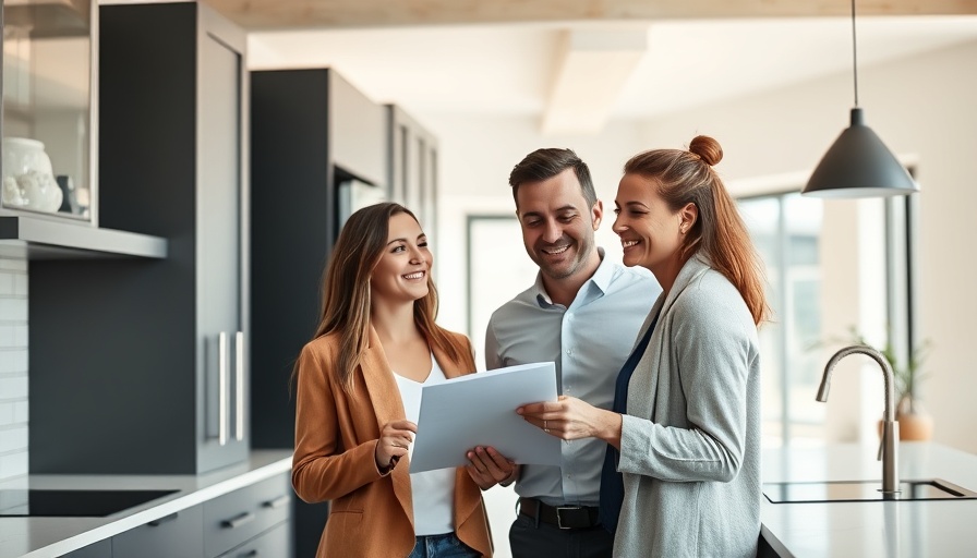 Inspection scene with a couple and agent in a modern kitchen.