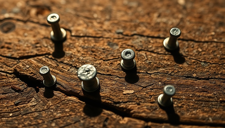 Subfloor staples stuck in aged wood close-up.