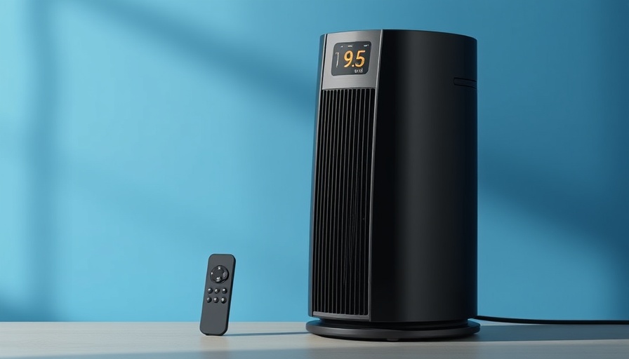 Sleek Dreo space heater with remote on blue background.