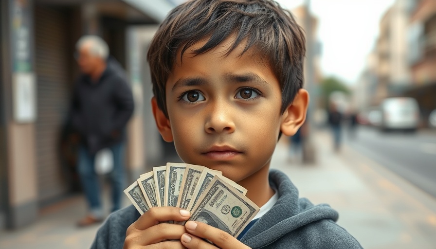 Young boy thoughtfully holds money in urban street, donating money when unemployed concept.