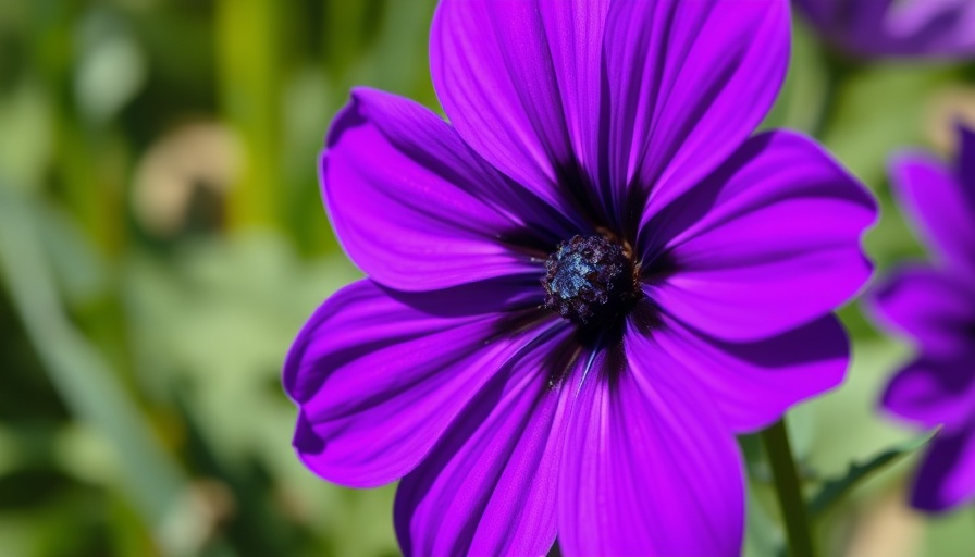 Vibrant purple flower captured in natural light, showcasing its detailed petals and a striking center.