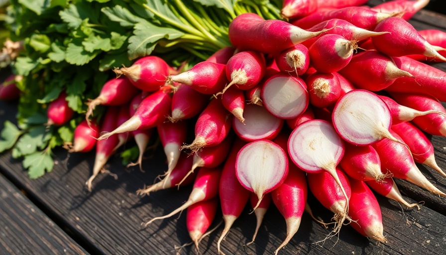 Freshly harvested radishes in various colors on dark surface.