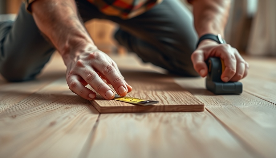 Installing wooden laminate flooring close-up, tools visible.