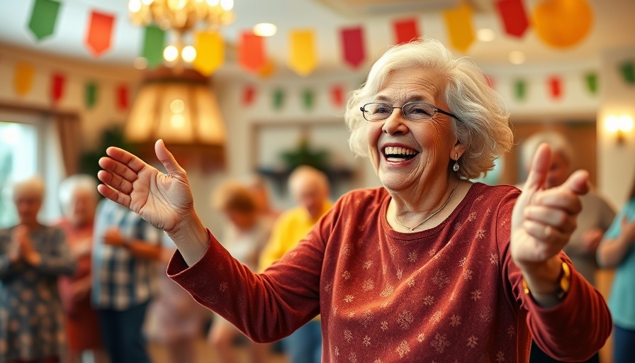 Elderly woman dancing at senior living community event.