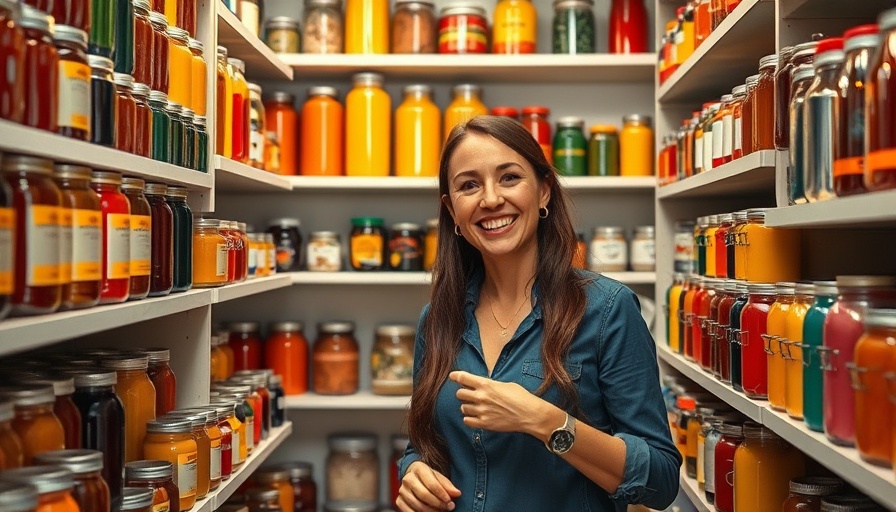 Smiling woman demonstrates tidy pantry hacks with colorful containers.