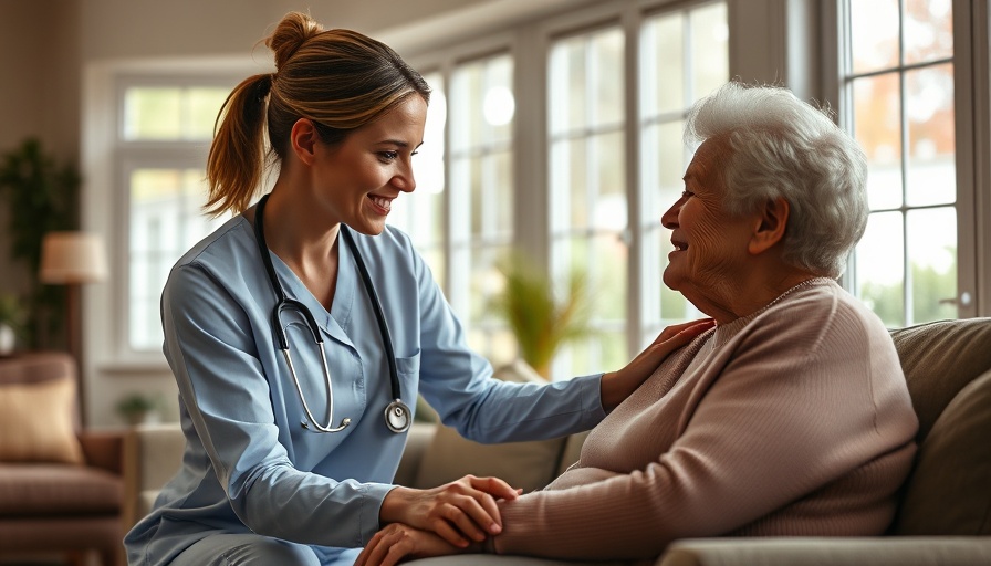 Healthcare worker assisting elderly woman in comfortable living room setting.