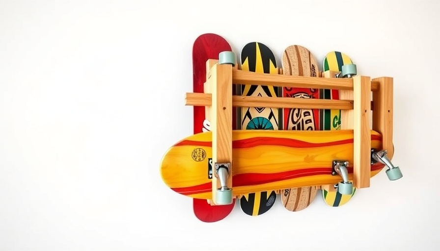 Innovative skateboard storage rack, showcasing smart storage for messy kids toys.