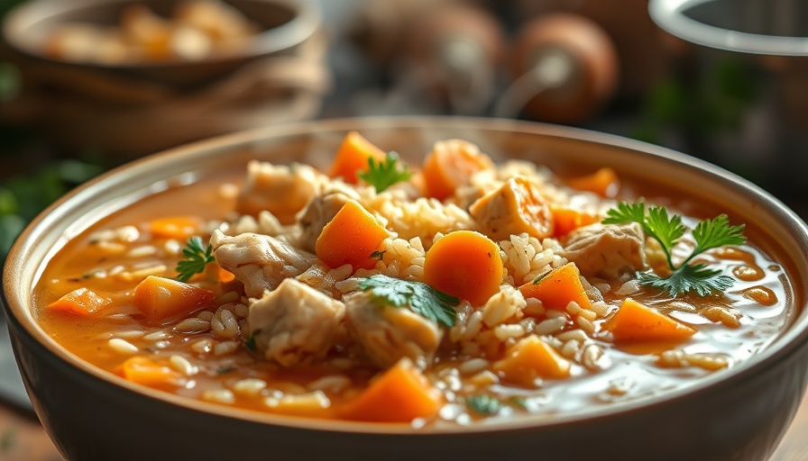 Delicious chicken and rice soup with carrots in a pot