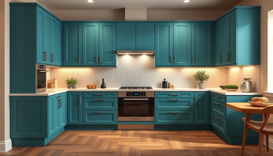 Modern teal kitchen cabinets with hardwood floors, home renovation ideas.