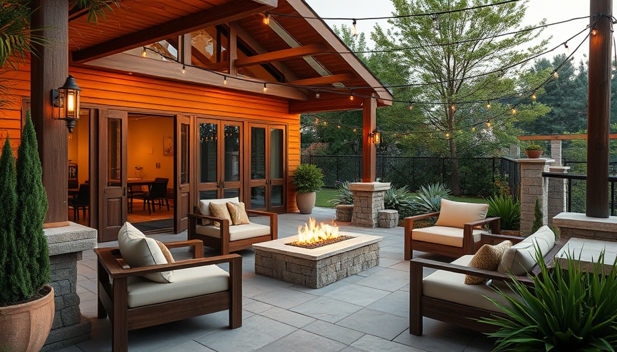 Modern patio design with stylish seating and fire pit, surrounded by lush greenery.