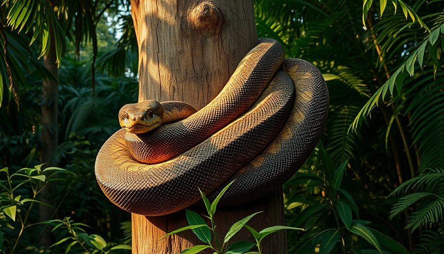Majestic boa constrictor coiled around tree in lush rainforest.