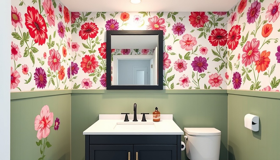 Vibrant floral wallpaper in guest bathroom design ideas.