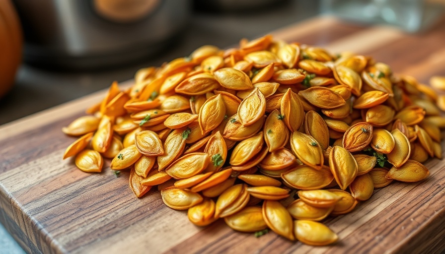 Sweet and salty rosemary pumpkin seeds on a wooden board.