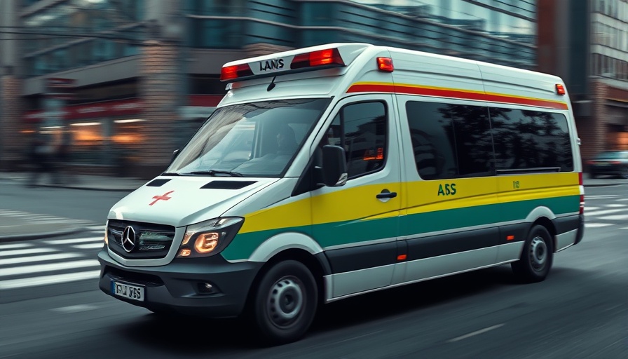 Ambulance speeding on a city street, symbolizing healthcare delivery gap.