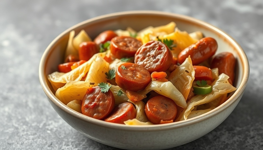 Delicious cabbage and sausage recipe in a bowl showcasing vibrant flavors.