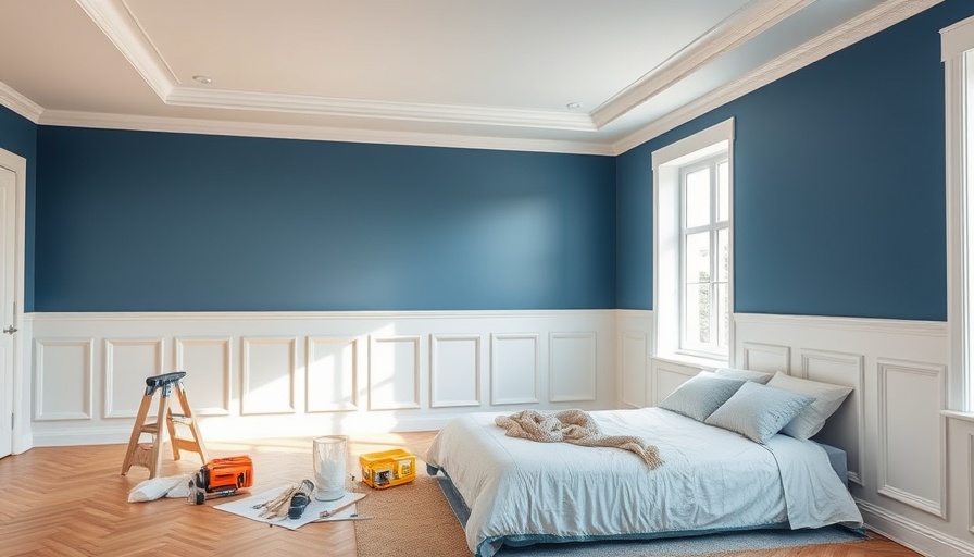 Bedroom showing wainscoting installation challenges; blue walls, tools present.