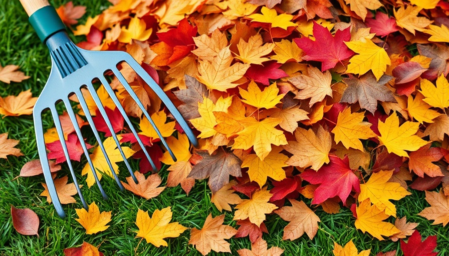 Autumn leaves and rake for winter garden preparation.