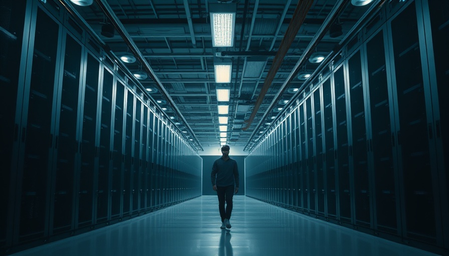 AI's Environmental Impact visual: data center with lone technician.