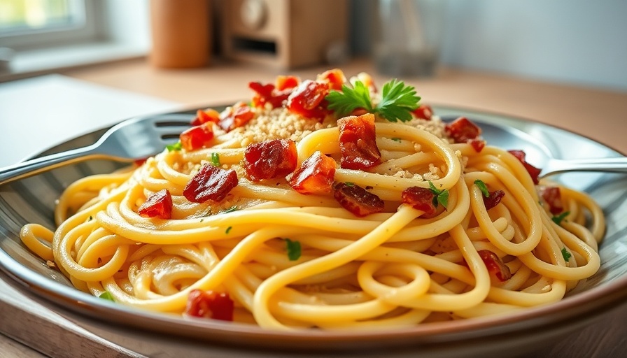 Close-up of homemade spaghetti carbonara with bacon bits.