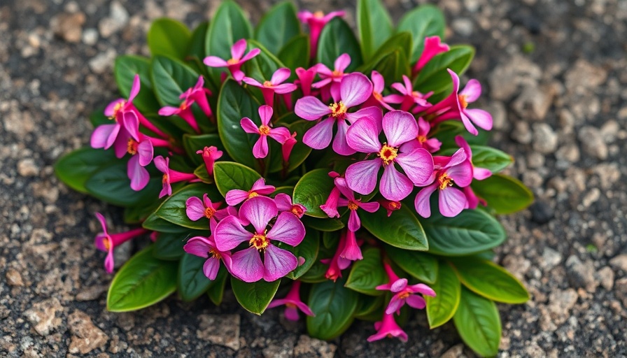 Vibrant October Daphne flowers blooming on stone surface.