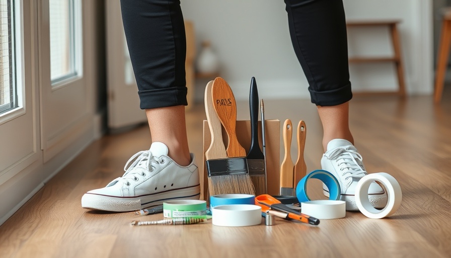 Person preparing for DIY home repairs with tools on floor.