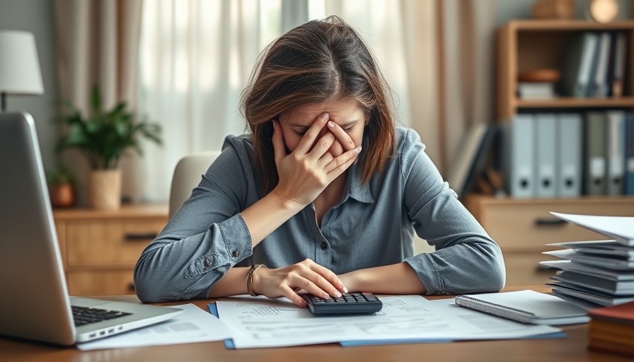 Freelance journalist stressed by financial challenges at cluttered desk