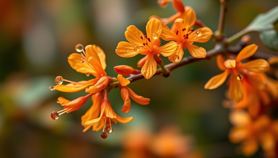 Bright orange winter garden plants with dew, witch hazel blossoms.