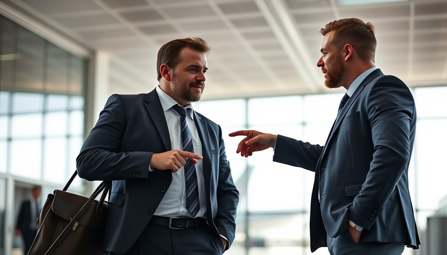 Discussion between two men at an airport with aircraft backdrop.