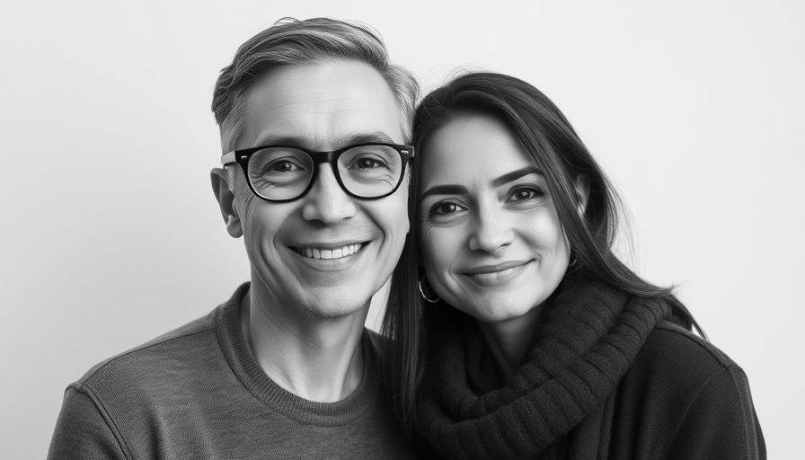 Monochrome portrait of two individuals in a close pose.