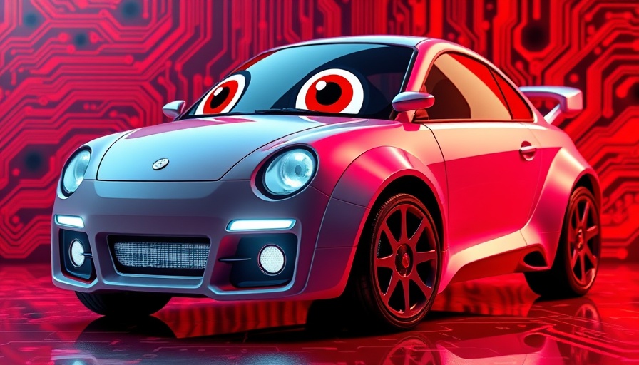 Futuristic cartoon car illustration on red circuit background, business startup funding concept.