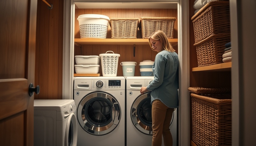 Efficient laundry nook design with a woman, warm decor.