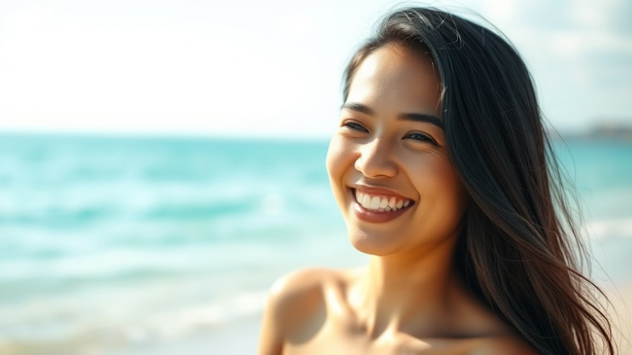 Woman enjoying beach with a smile, lip lift and smile makeover.