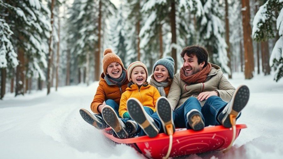 Family embracing winter joy sledding through snowy forest
