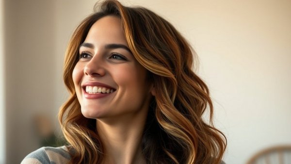 Portrait of a smiling woman, relaxed indoors with wavy hair, overcoming fears in children.