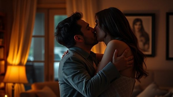 Couple embracing, kissing in warm-lit room, perfect for sexy songs for make out.