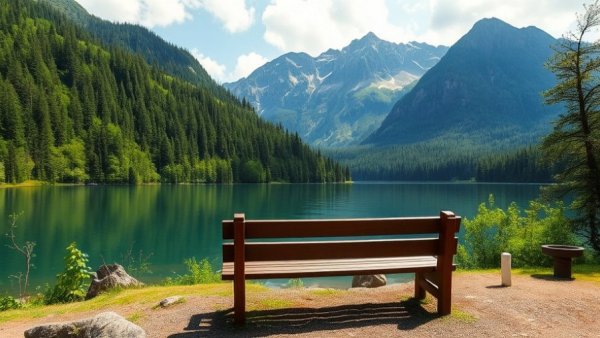 Tranquil lakeside view with bench, beautiful weekend activities backdrop.