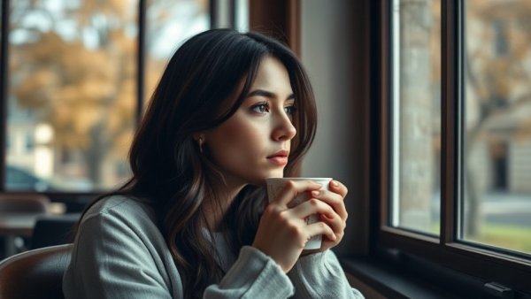 Young woman in café enjoying morning coffee.