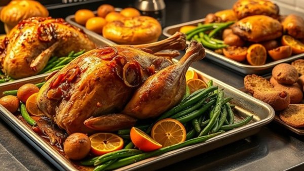 Sheet Pan Thanksgiving Dinner for 4 showcasing turkey, rolls, green beans, and potatoes.