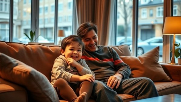 Family enjoying phone-free holidays in cozy living room.