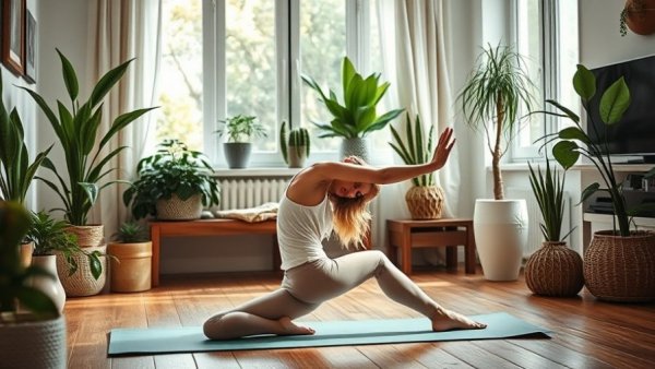 Woman doing yoga at home, promoting zodiac signs holistic health.