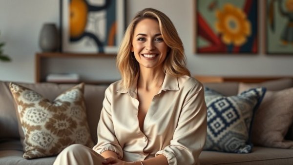 Stylish indoor portrait of a woman with a chic beige outfit in a cozy setting