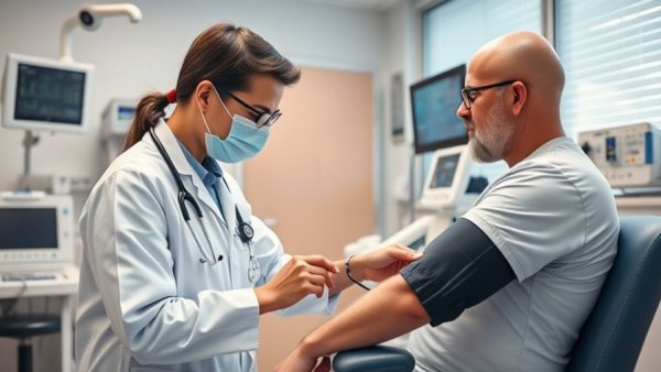 Healthcare professional checking patient's blood pressure during examination.