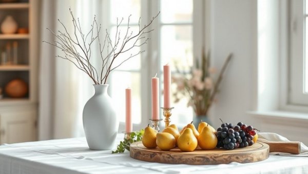 Beautiful table arrangement with candles and fruits by a window.
