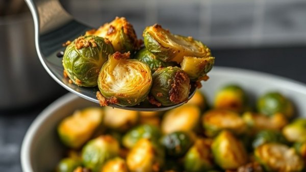 Parmesan Crusted Brussels Sprouts on spatula in kitchen setting.