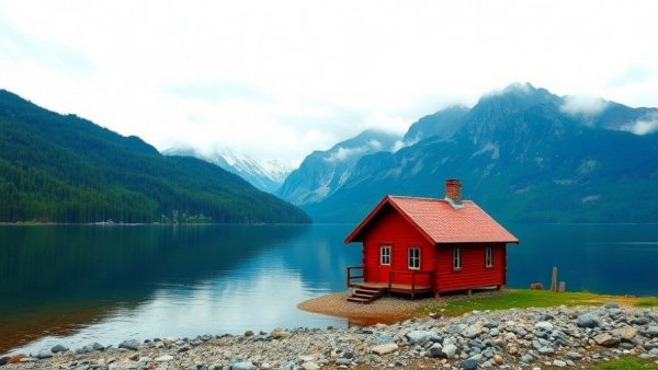 Scenic red cabin by lake and mountain for memorable weekend experience.