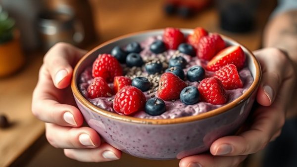 Healthy breakfast bowl with berries and chia seeds, how much fiber you need to lower cholesterol.