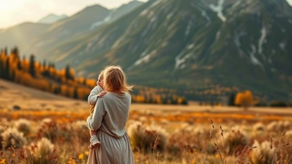 Mother and child in autumn meadow with moon overlay, serene scene.